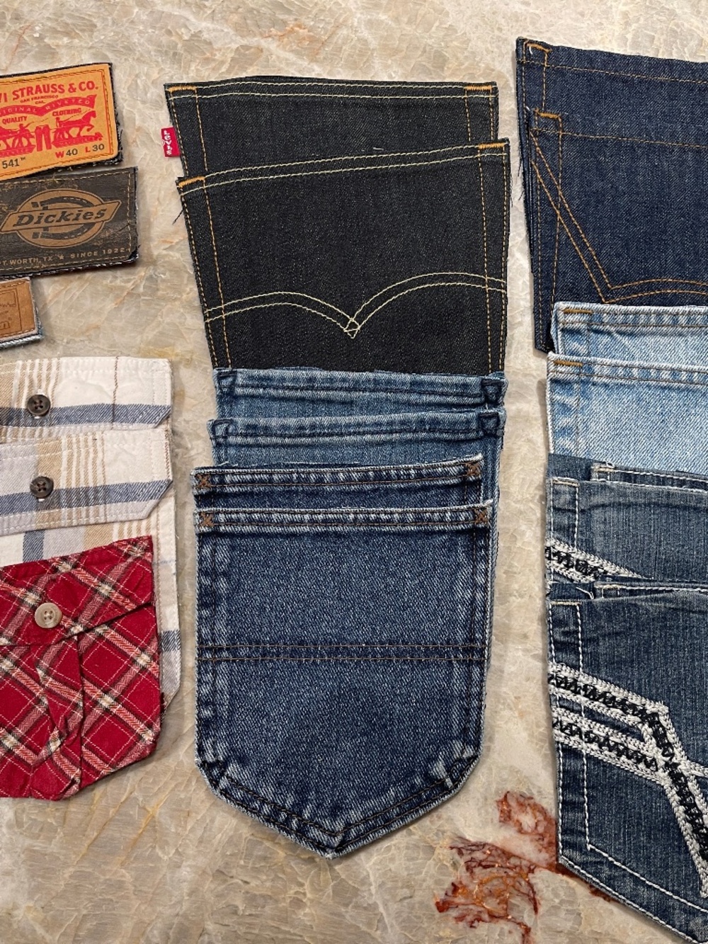 16 Denim Jean Levis'and Flannel Pockets with Backing For Quilting Crafts